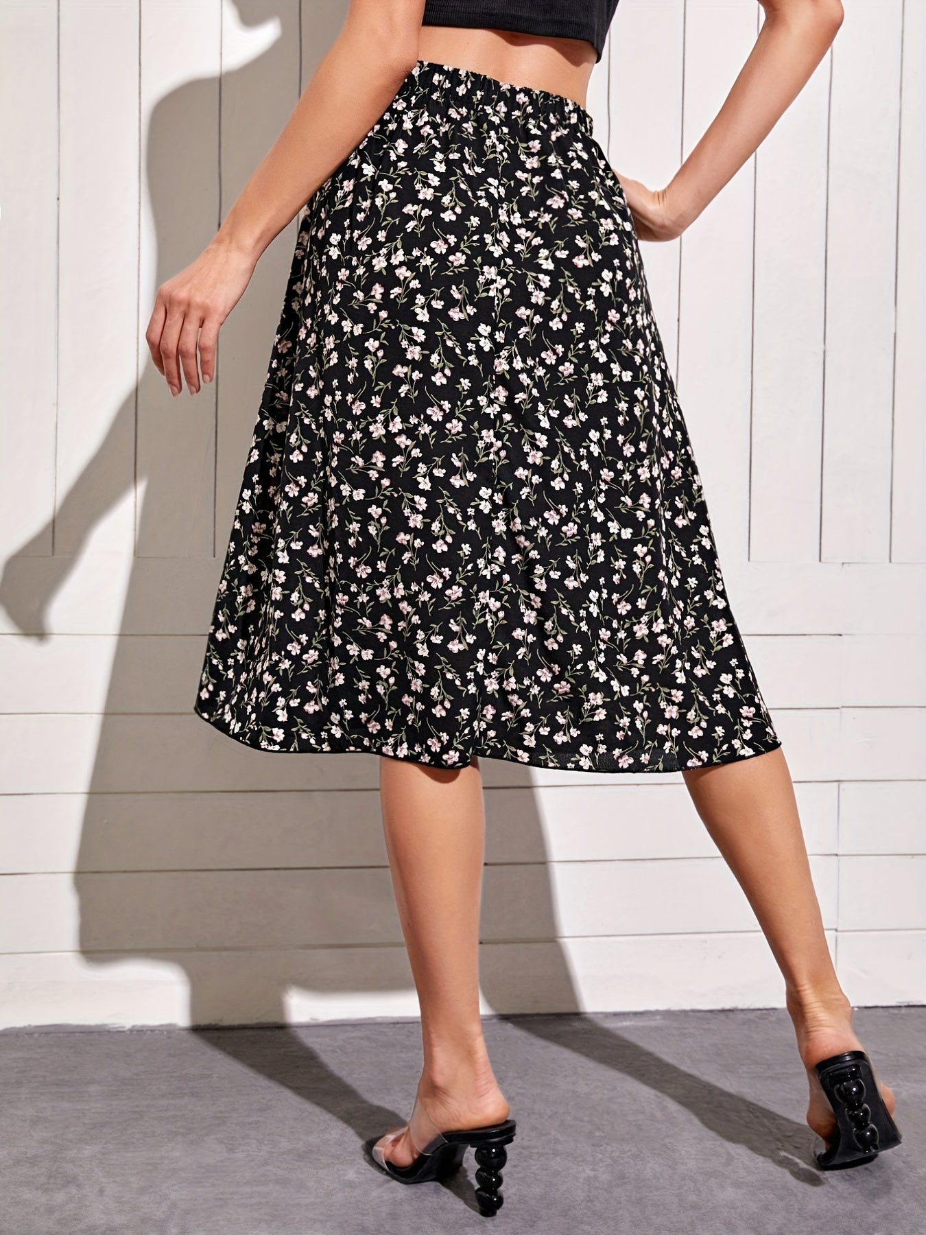Floral Print Elastic Waist Midi Skirt for Women