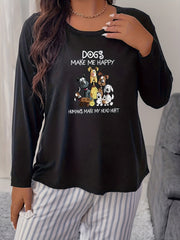 Women's Plus Size Dogs & Slogan Print Long Sleeve Crew Neck Pajama Tee