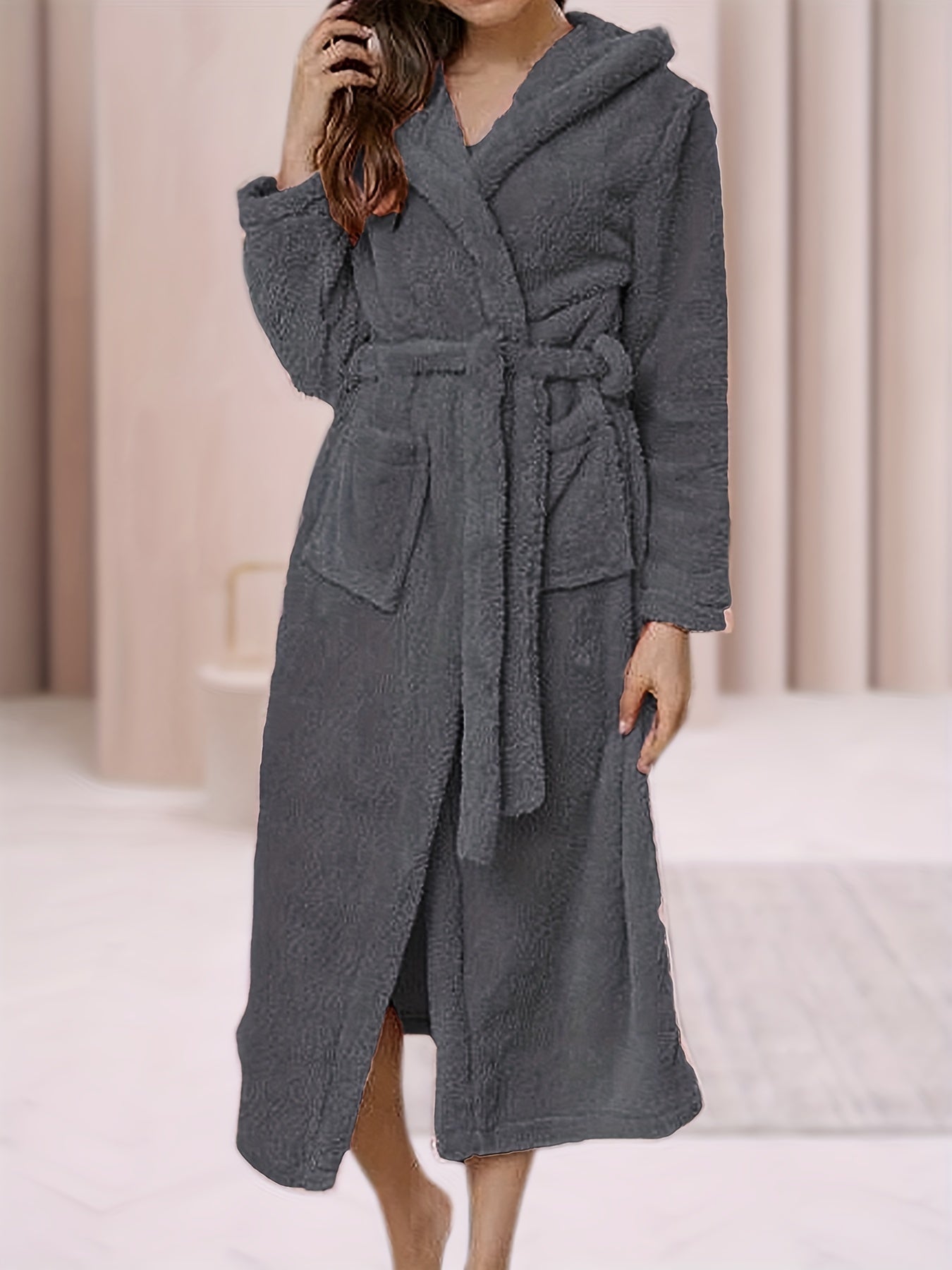 Solid Hooded Fuzzy Fleece Soft Bathrobe With Belt & Pockets