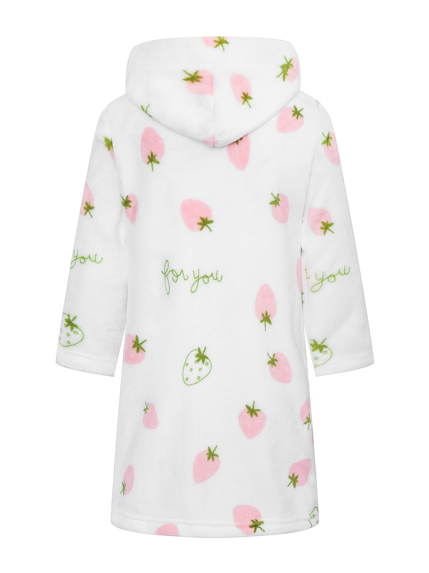 Girls Hooded Bathrobe Strawberry Pattern Flannel Soft Warm Pockets Belt Robe