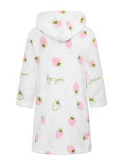 Girls Hooded Bathrobe Strawberry Pattern Flannel Soft Warm Pockets Belt Robe