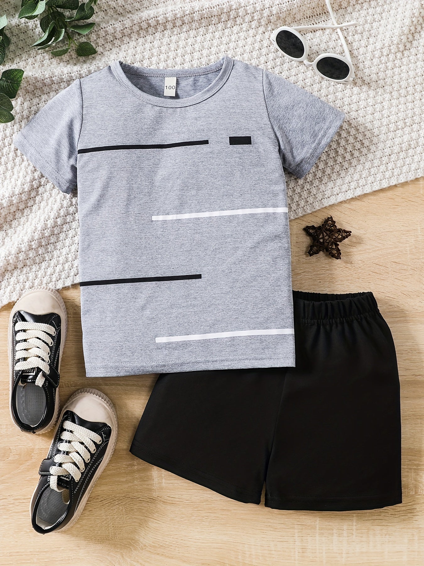 Boys Stripes Print Casual Outfit T shirt & Shorts Kids Summer Clothes Sets