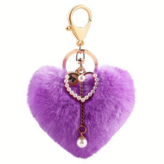 Peach Heart Fur Ball Keychain Pearl Keychain Car Accessories Plush Ornament