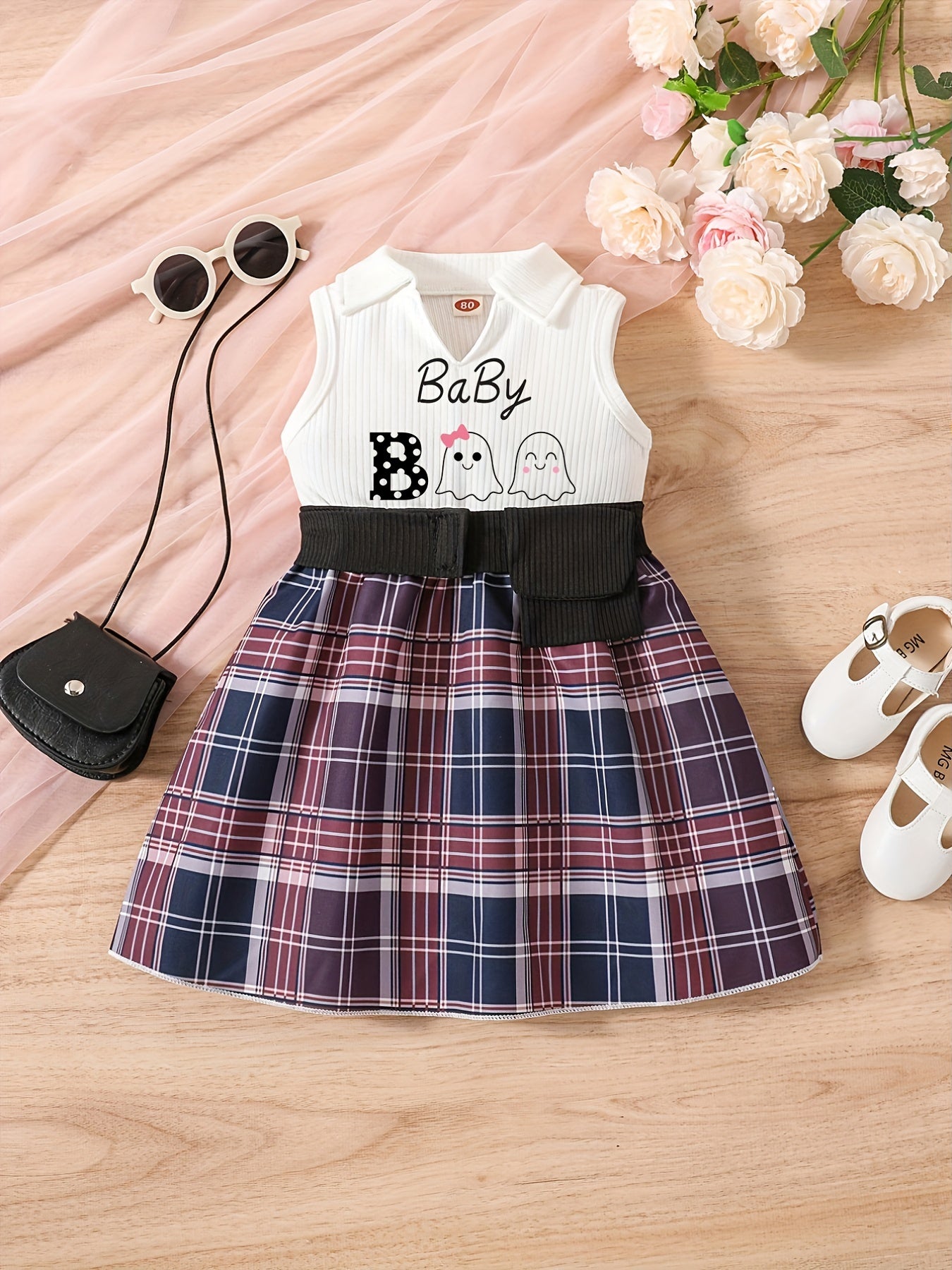 Infant Cartoon Print Pleated Tank Dress 2pcs Set