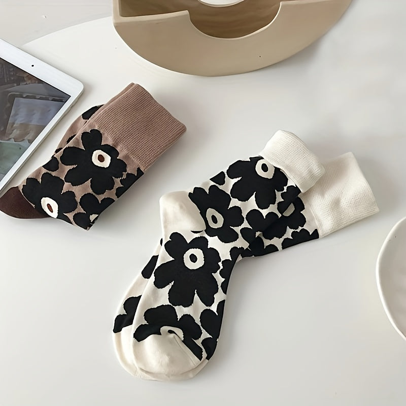 3 Pairs Floral Print Socks Mid Tube Comfy & Breathable Women's Stockings