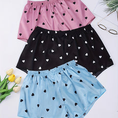 Heart Print Sleep Bottoms Elastic Waistband Shorts Women's Sleepwear