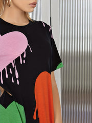 Heart Print Lounge Dress Soft & Comfy Short Sleeve Crew Neck Home Dress