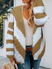 Casual Cardigan Women's Plus Stripe Long Sleeve Open Front Knit
