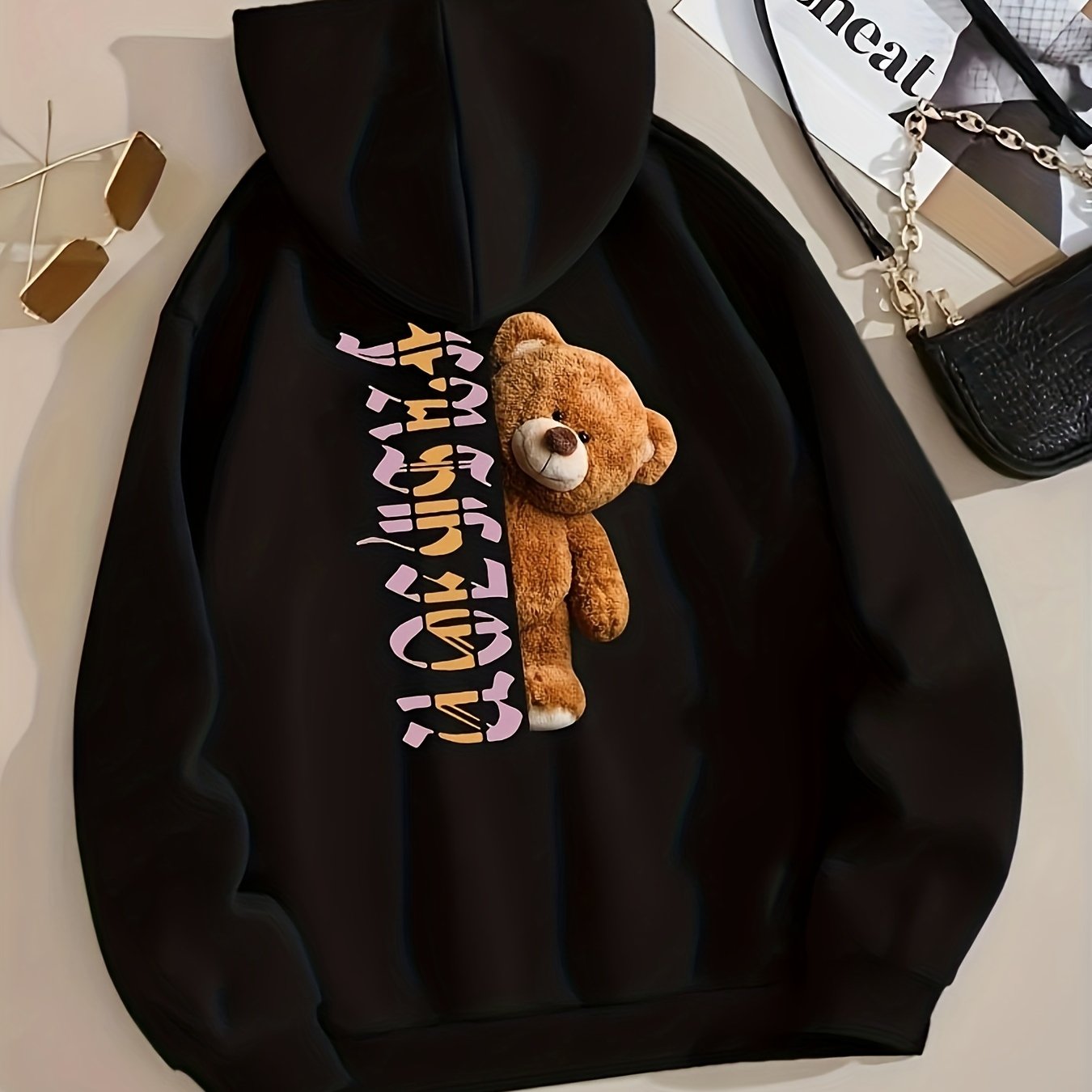 Teddy Bear Print Zip Up Hoodie for Women