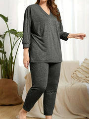 Solid Long Sleeve V Neck Top & Pants Pajamas Set