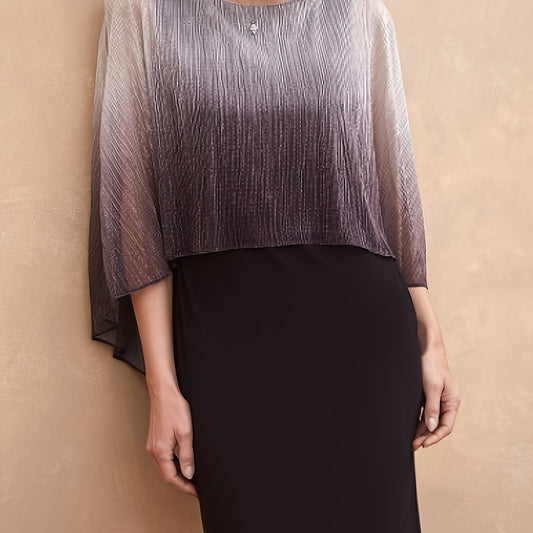 Colorblock Ombre Cloak Sleeve Round Neck Midi Dress