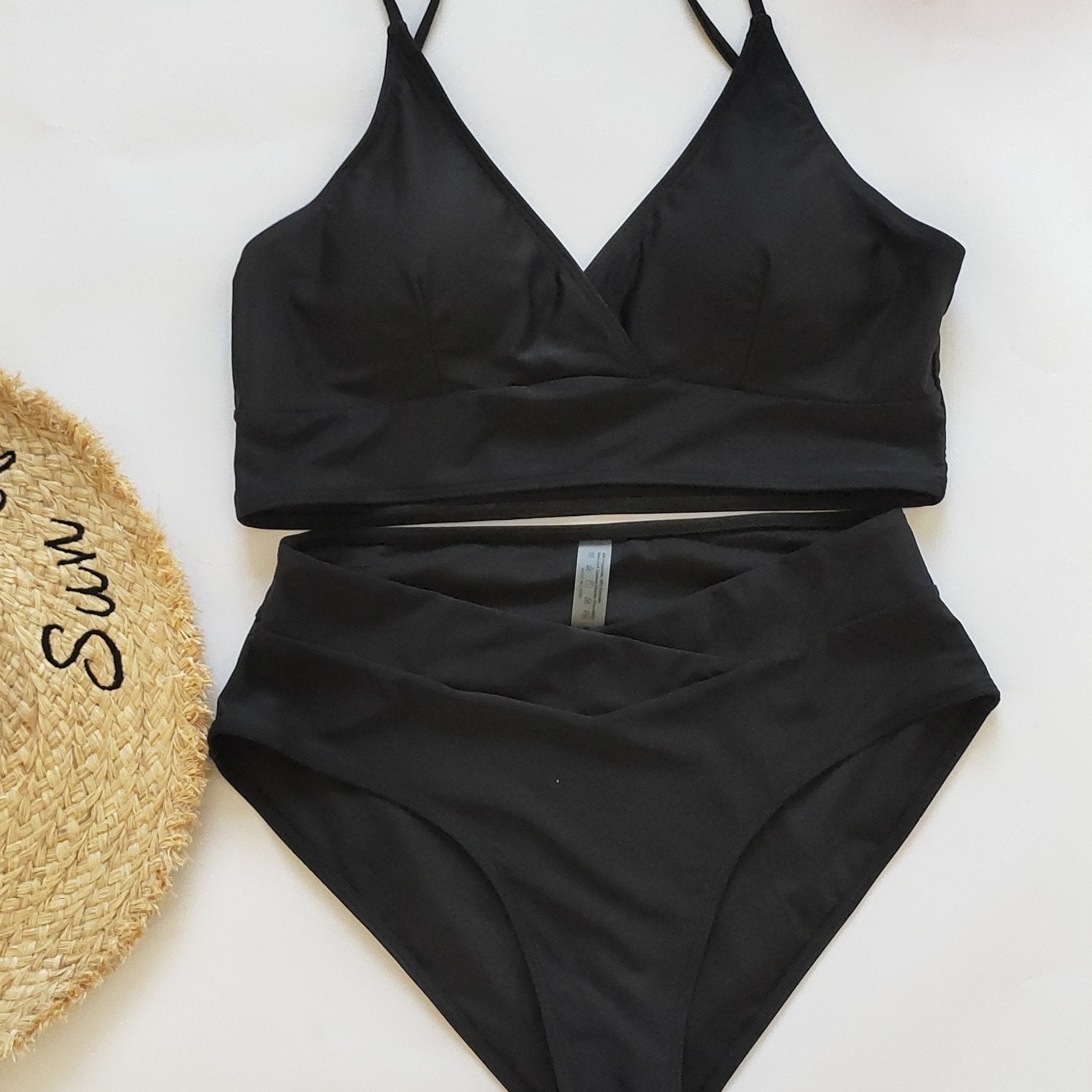 Criss Cross Wide Trim Solid Bikini Set V Neck High Cut Bathing Suit