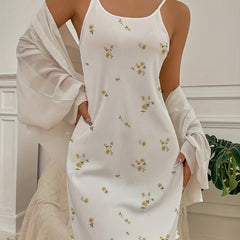 Flower Print Pajama Dress with Fungus Trim Mini Nightdress