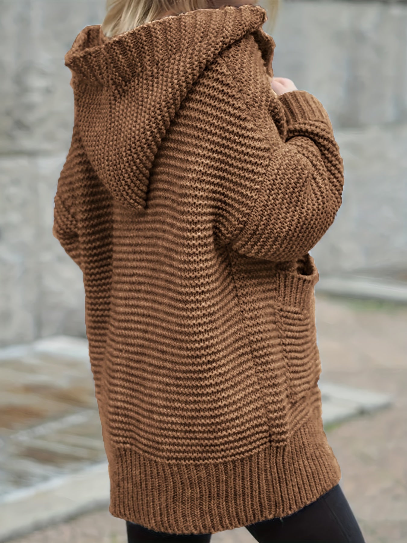 Solid Open Front Hooded Sweater Cardigan With Pockets