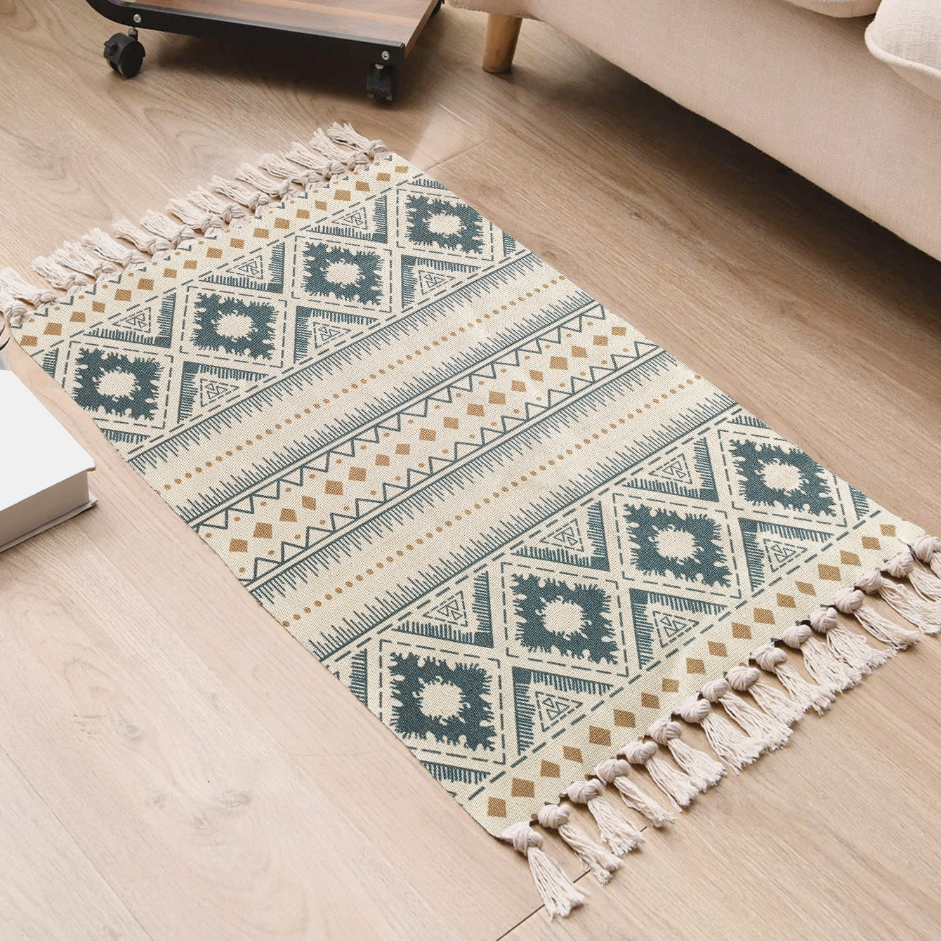 Boho Handwoven Linen Area Rug With Tassels Absorbent Bath Rug