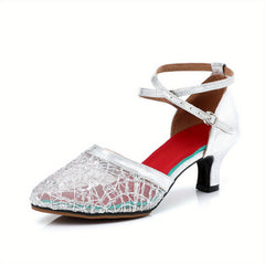 Women's Sequin Dance Shoes Closed Toe Kitten Heeled Sandals