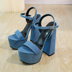 Women's Denim Platform Pumps Casual Open Toe Ankle Strap Chunky Shoes