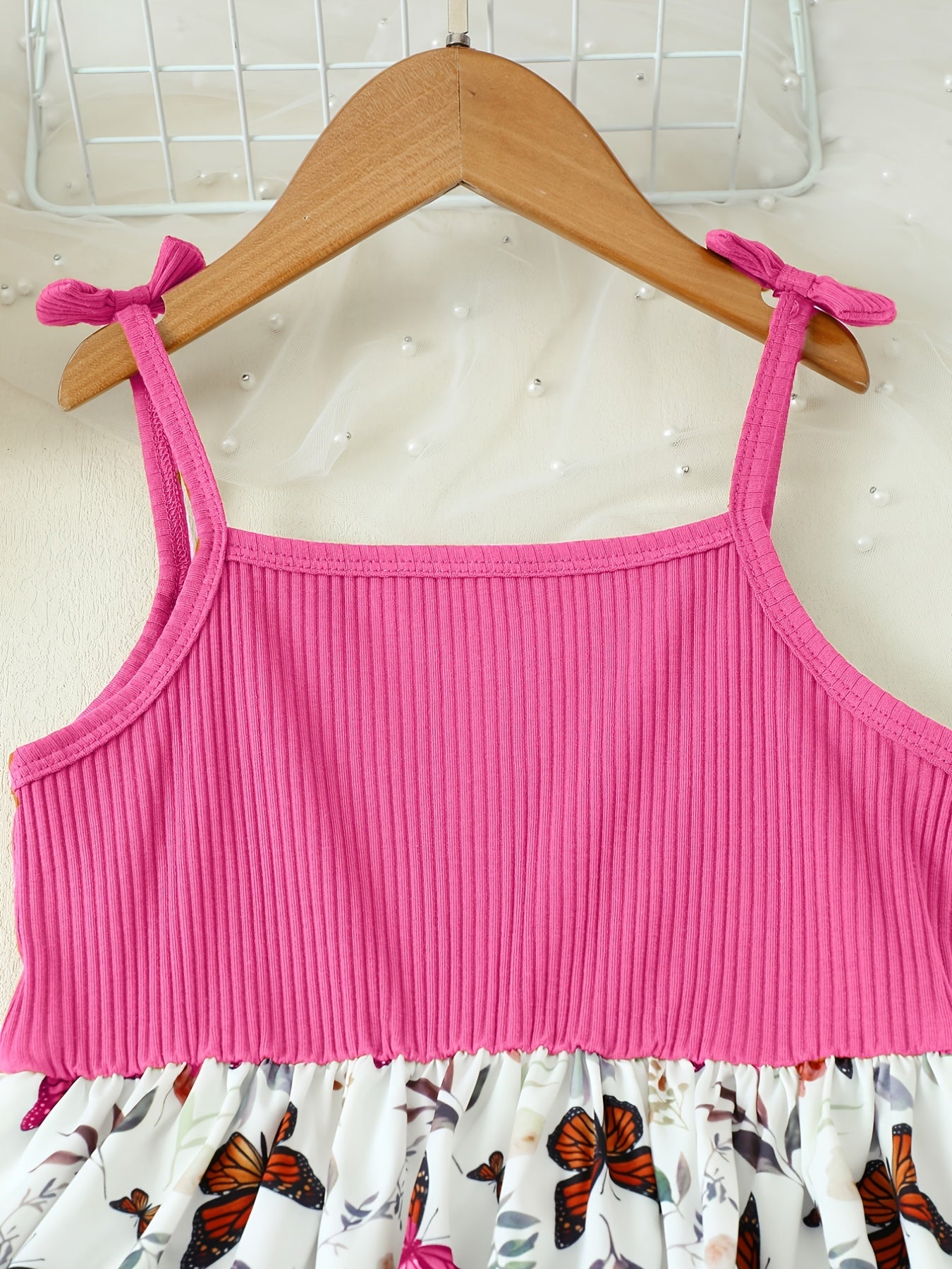 Girls Butterfly Graphic Bow Shoulder Splicing Cami Dress for Party Holiday