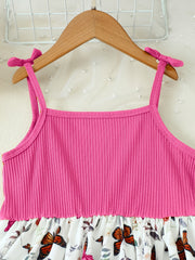 Girls Butterfly Graphic Bow Shoulder Splicing Cami Dress for Party Holiday