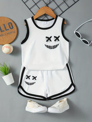 Boys Face Graphic Sleeveless Vest & Shorts Set