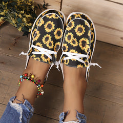 Women's Sunflower Print Canvas Shoes Casual Lace Up Low Top Shoes