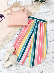 Girls Cutout Shoulder Tank Top and Striped Pants Set