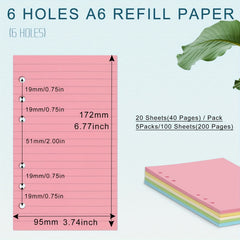 100 Sheets 200 Pages A6 Colorful Refill Paper 5 Colors Thick for 6 Ring Binder
