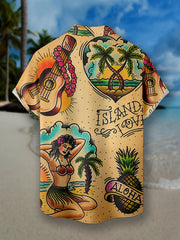 Coconut Tree & Moon Print Men's Casual Short Sleeve Shirt