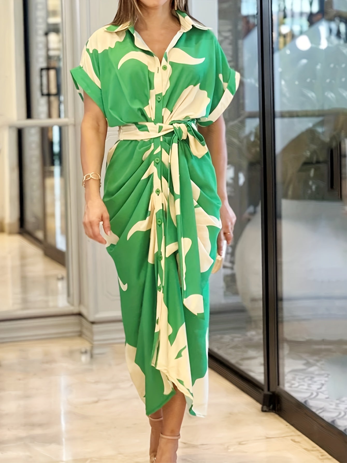 Print Maxi Dress Button Up Lapel Collar Belted Ruched Batwing Sleeve