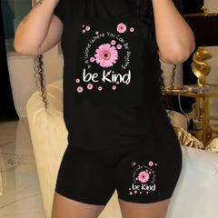 Plus Floral & Slogan Print Short Sleeve Crop Top & Shorts Set