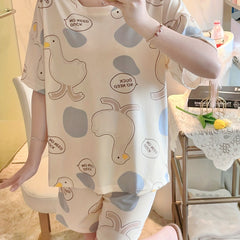 Duck Print Pajama Set Short Sleeve Crew Neck Top & Shorts