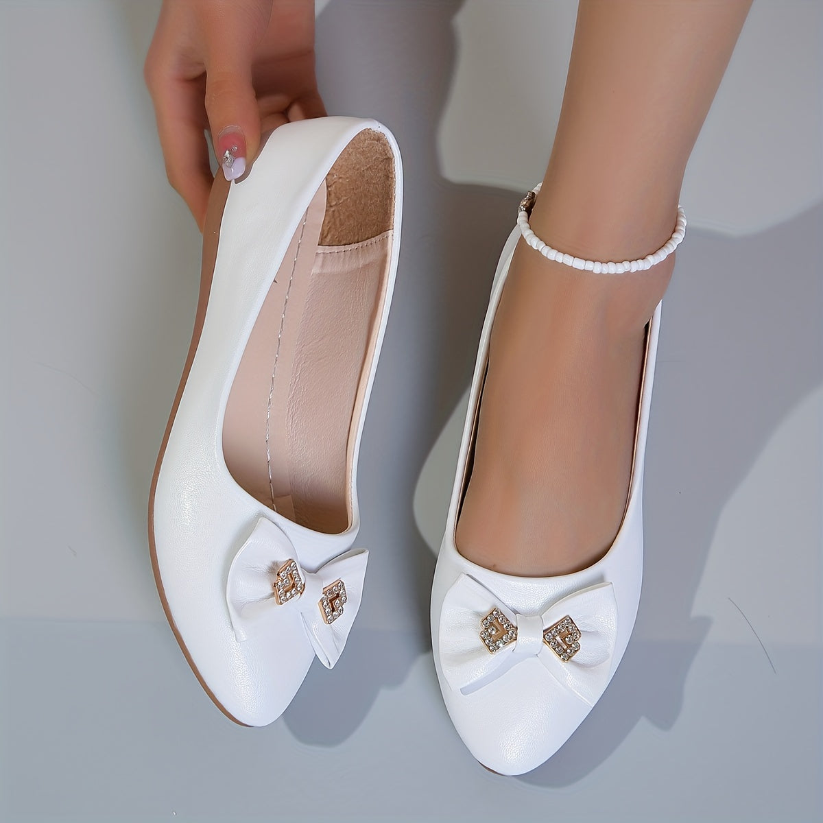 Bowknot Flat Shoes Rhinestone Almond Toe Slip On Ballet Flats