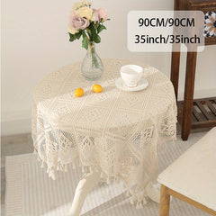 Boho Beige Lace Tablecloth with Tassel for Home and Wedding Decor