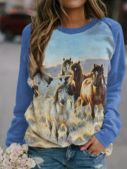 Western Ethnic Horse Print Sweatshirt Long Sleeve Raglan