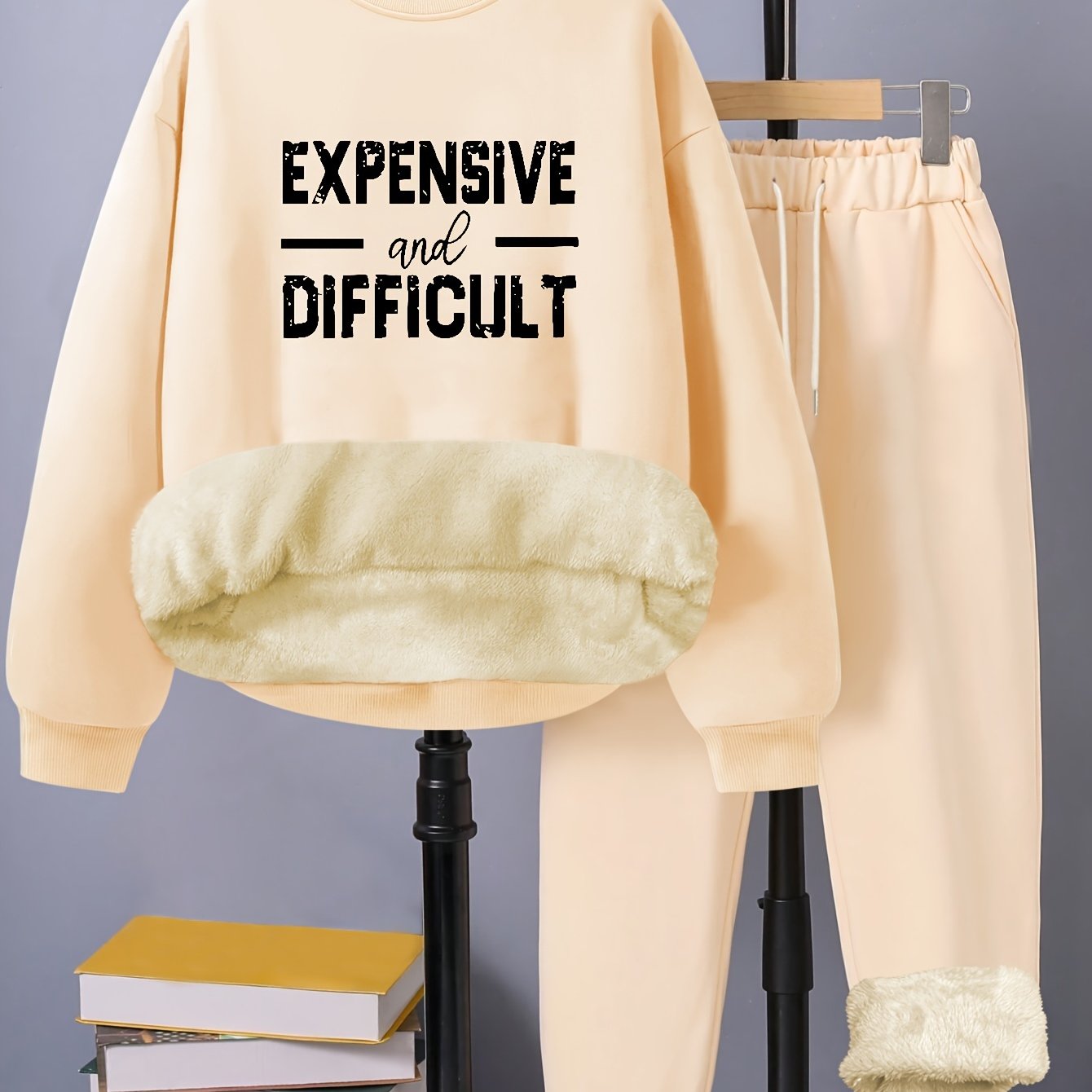 Letter Print Fleece Top & Pants Outfit Set