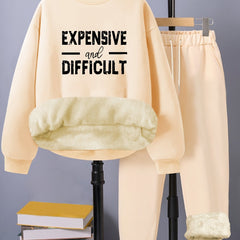 Letter Print Fleece Top & Pants Outfit Set