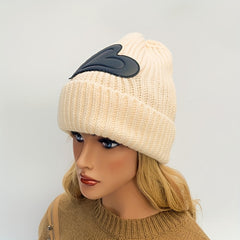 Heart Label Patch Beanie Thick Elastic Knit Hat Solid Skull Cap