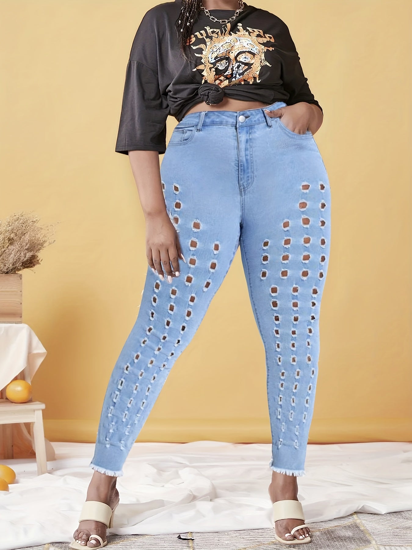 Plus Solid Button Fly High Rise Fringe Trim Skinny Jeans