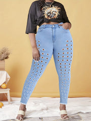 Plus Solid Button Fly High Rise Fringe Trim Skinny Jeans