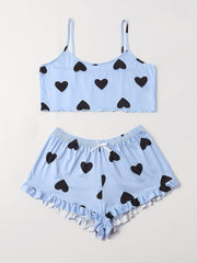 Heart Print Crop Cami Top & Shorts Pajama Set