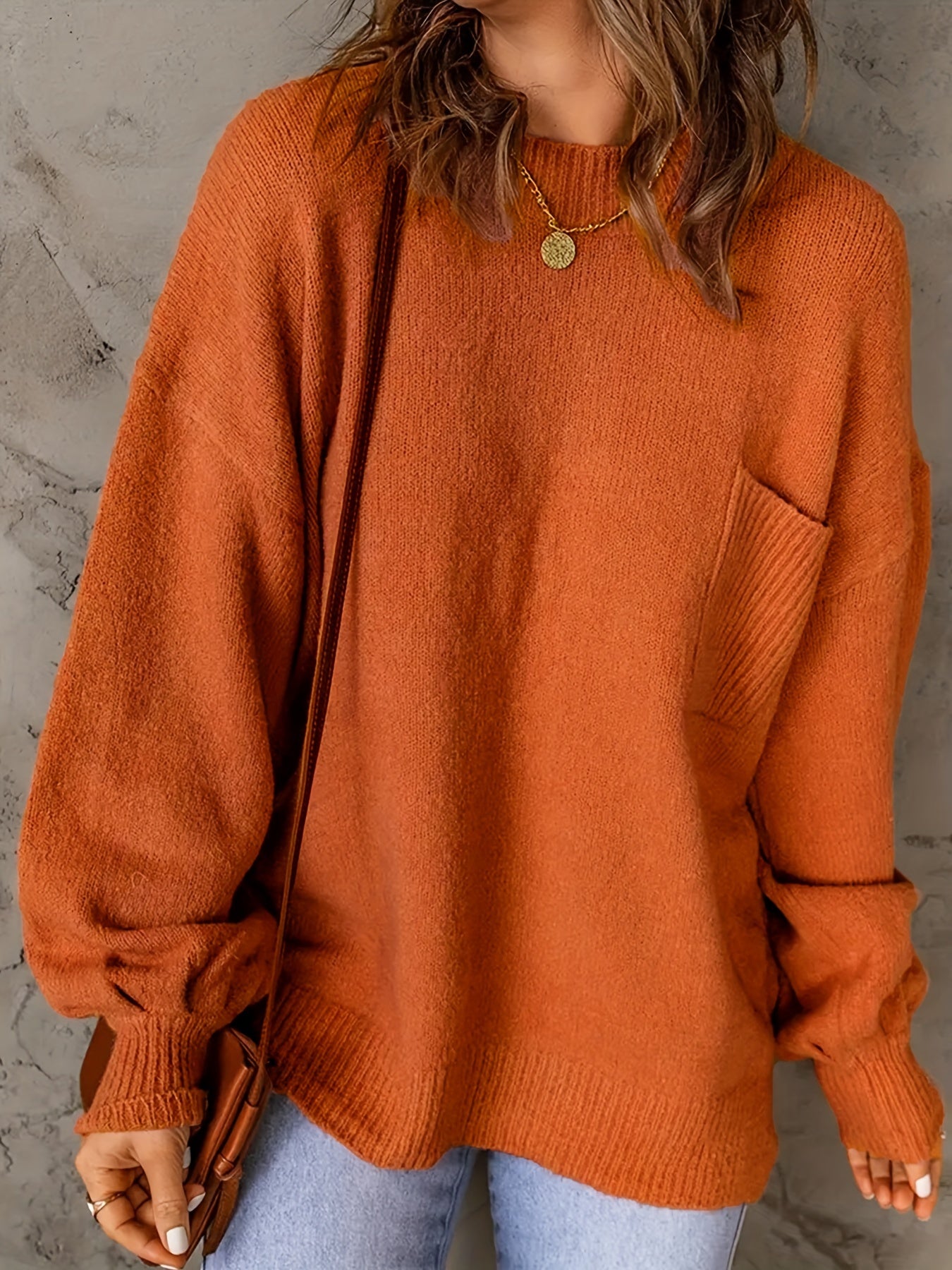 Solid Lantern Sleeve Round Neck Jumper