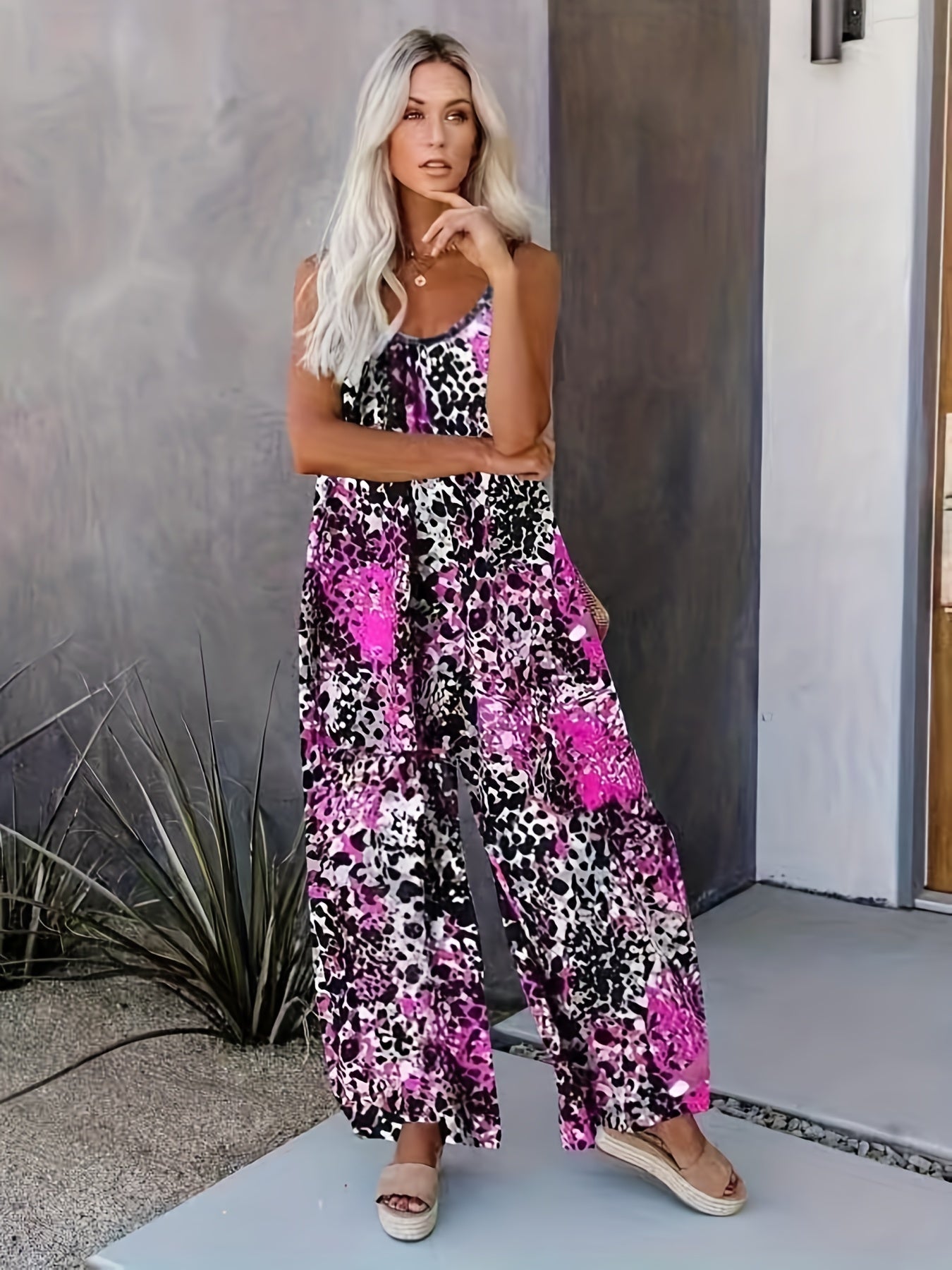 Leopard Print V Neck Cami Jumpsuit