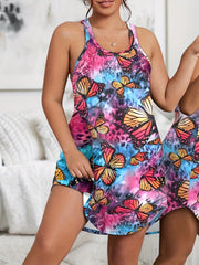 Tie Dye Leopard & Butterfly Print Tank Sleep Dress
