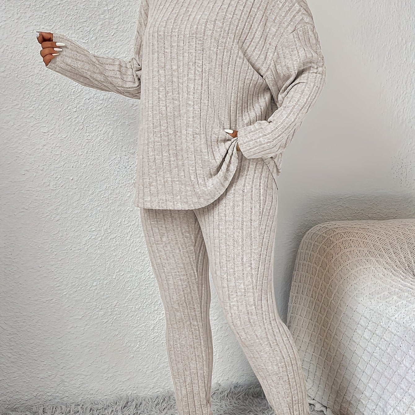 Solid Long Sleeve Top & Leggings Set Ribbed Knit Two Piece