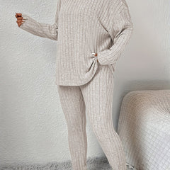 Solid Long Sleeve Top & Leggings Set Ribbed Knit Two Piece
