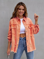 Oversized Denim Jacket Distressed Collar Long Sleeves Denim Coat