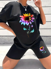 2pcs Sunflower Crew Neck Sports Set Women's Activewear