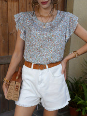 Floral Print Ruffle Trim Cap Sleeve Top
