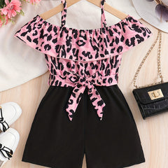 Leopard Print Ruffle Trims Cami Romper Jumpsuit With Belt