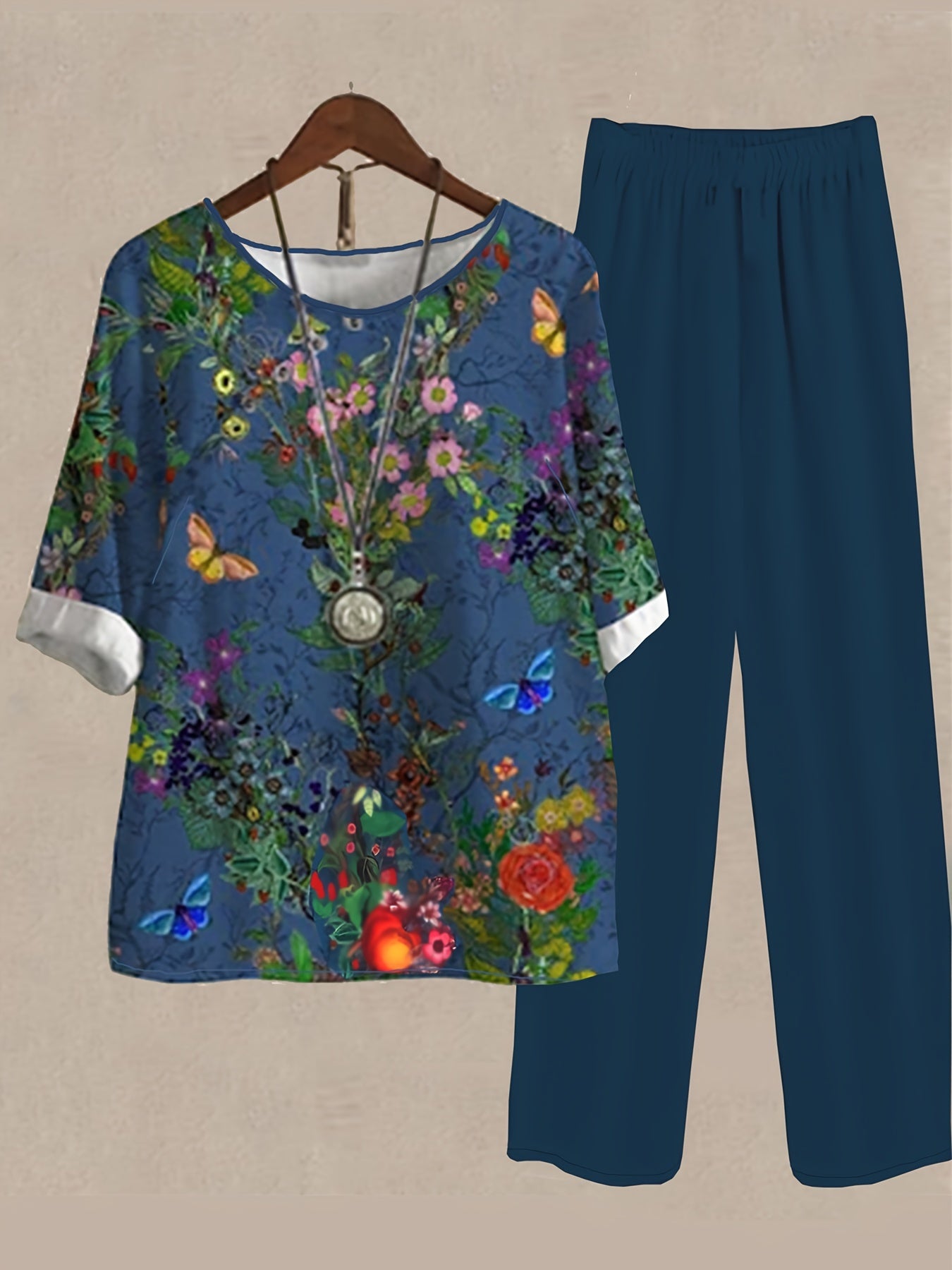 Women's Plus Floral Print Top & Solid Wide Leg Pants 2 Piece Set